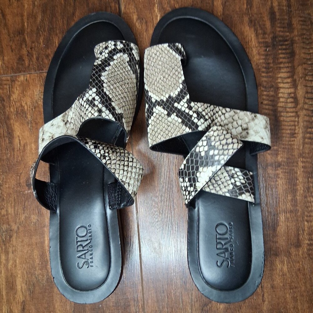 Franco Sarto Round Heel Black and Snake Print Sandals One Toe Leather Size 9M
